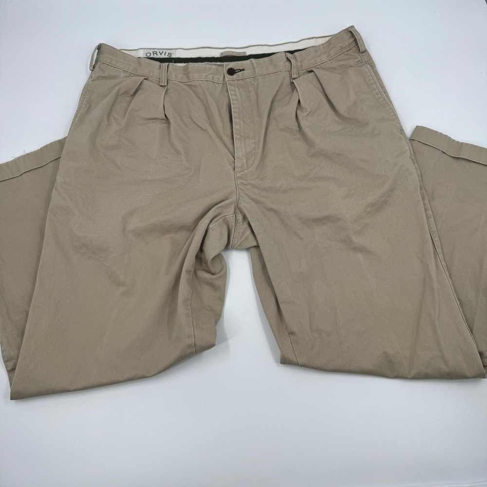 Orvis Pleated Chinos Mens 42 Khaki Tan Cotton Twill Straight Leg Cuffed Pants
